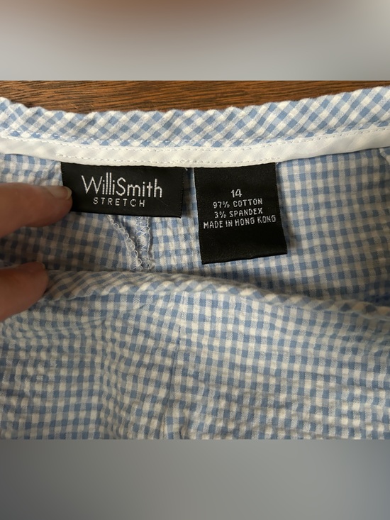 Willi Smith Pants - Willi Smith Lt Blue Pinstripe Seersucker Pants, ruffle hem bottoms. Ex cond. 14s